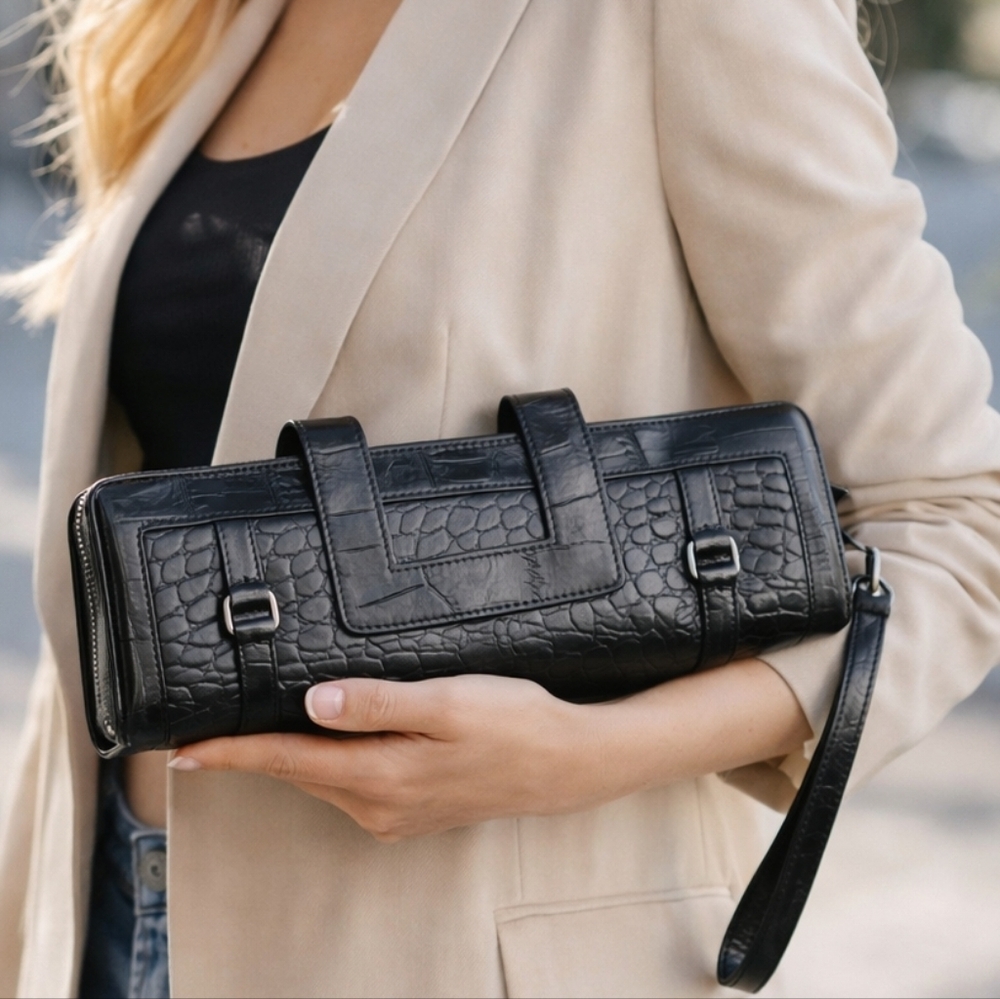 Bunny black faux alligator crocodile leather clutch slim wristlet purse handbag